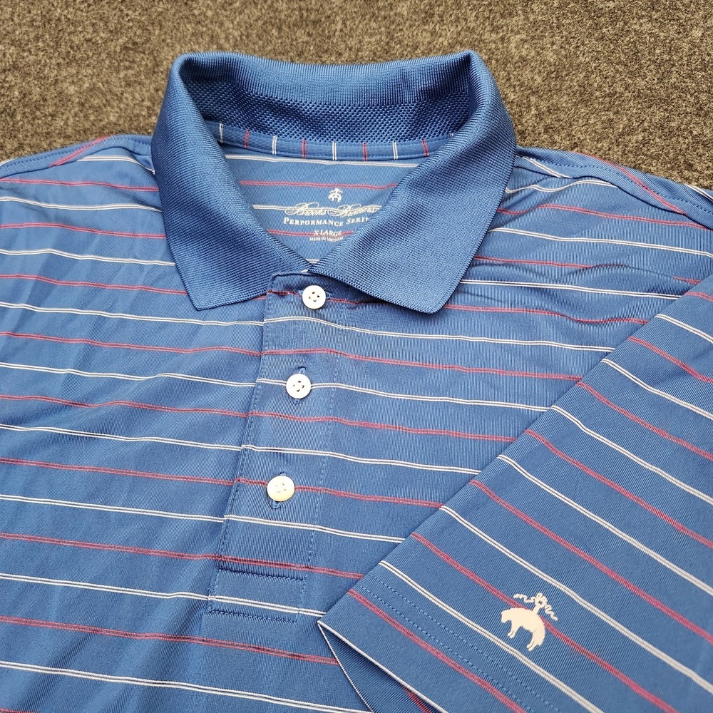 Brooks Brothers Performance Series Mens XL Blue Striped Polo Shirt Golf Stretch